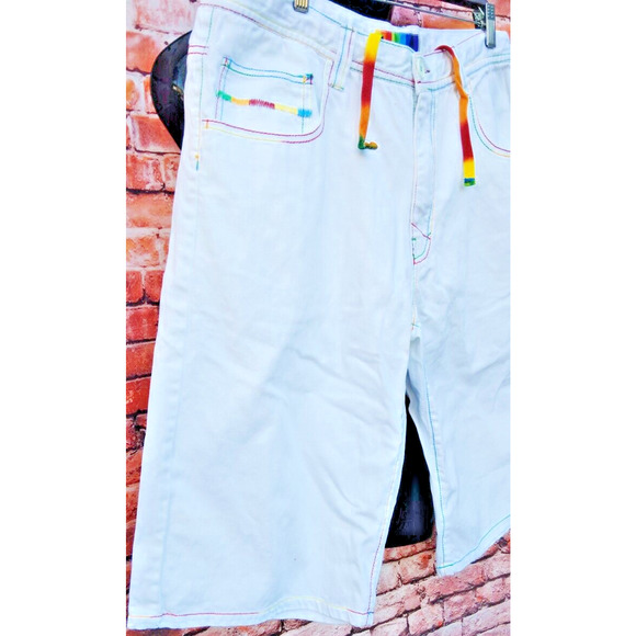 White Light Denim 5 Pocket Shorts W/Rainbow Colored Stitching & Drawstrings - Picture 9 of 11